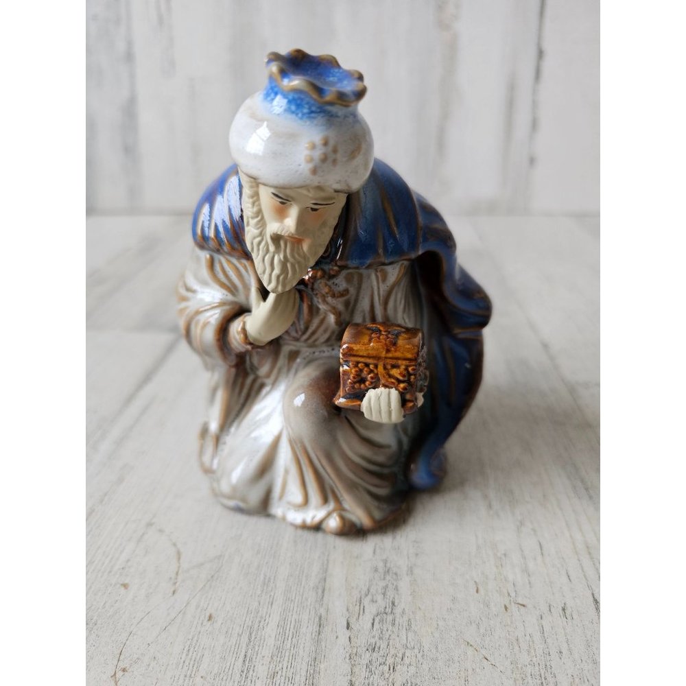 Ceramic Wiseman Nativity blue Xmas religious decor large